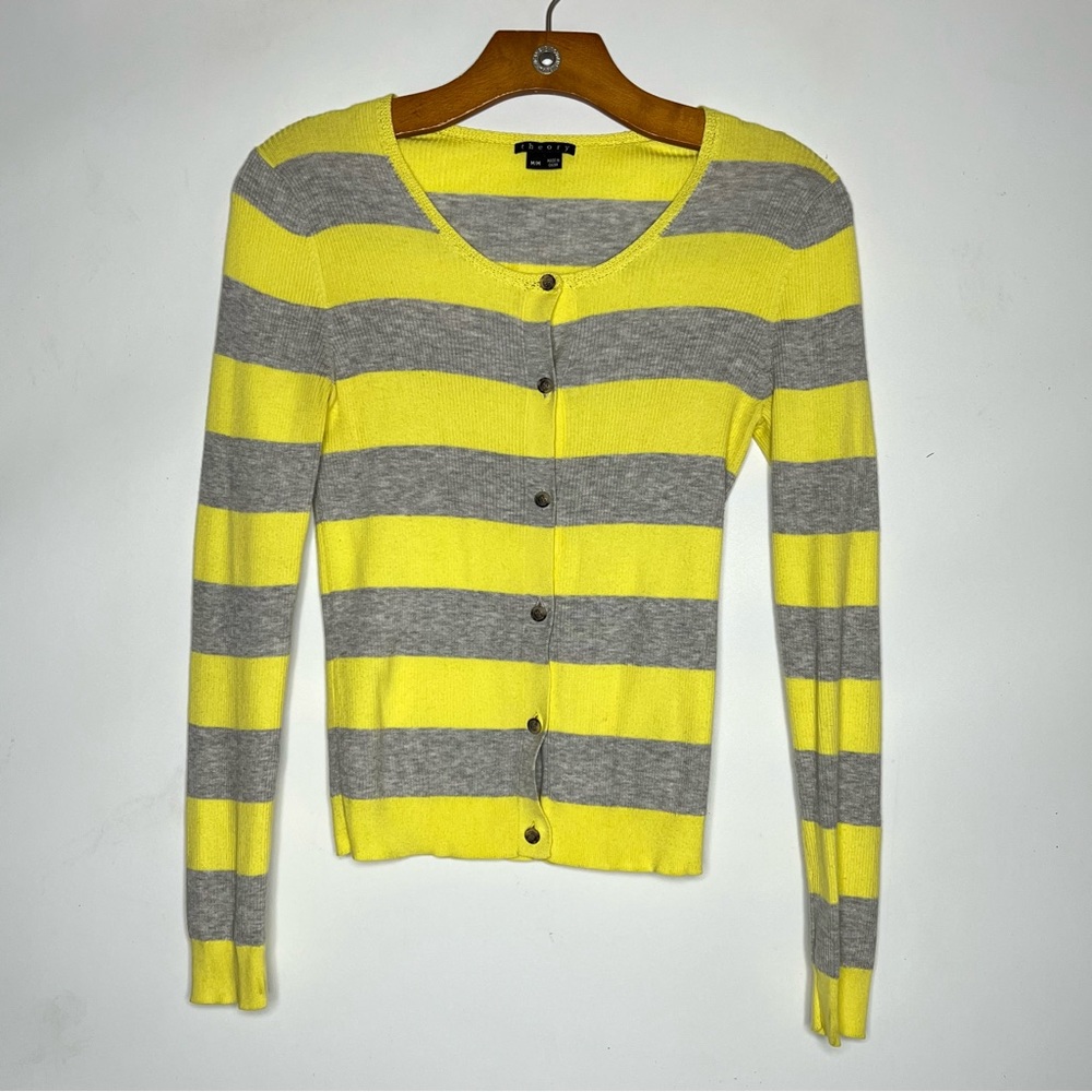 Theory Yellow Gray Stripe Button Up Lightweight Cardigan Womens Size M